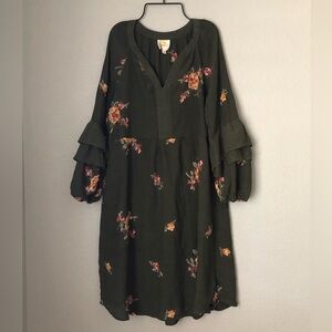 fig and flower for anthropology olive green embroidered dress women S